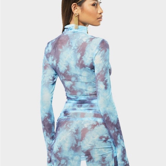 Off-white long sleeve tie-dye mesh dress in light blue. - Picture 2 of 5